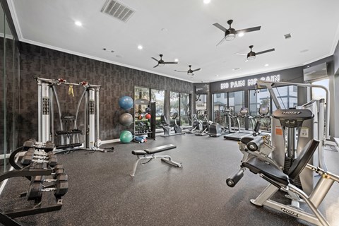 A gym with a variety of equipment including weights and cardio machines. at The Ambrose, Texas, 77040
