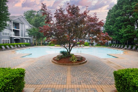 A tree in the middle of a brick patio with a pool in the background.