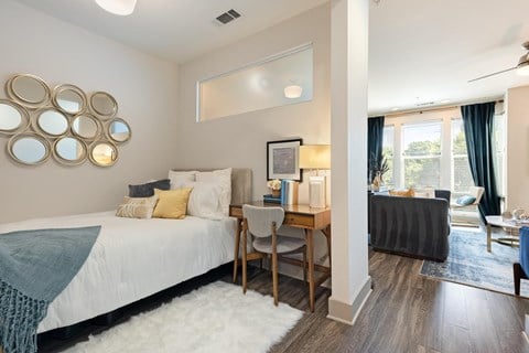 Model bedroom at The Dartmouth North Hills Apartments, Raleigh