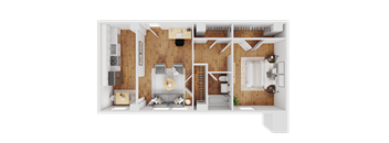 A 3D rendered image of a house layout.
