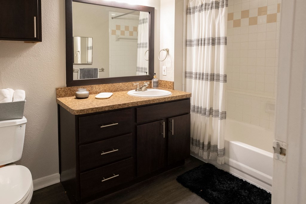 Modern Bathroom with Framed Mirror  located at Retreat at Steeplechase in Houston, TX 77065