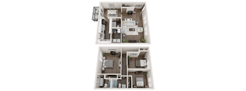 A top-down view of a small apartment layout with a kitchen, living room, and bedrooms.