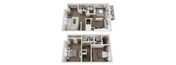 A top-down view of a small apartment with a kitchen, living room, and bedroom.