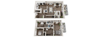 A top-down view of a two-bedroom apartment with a living room, kitchen, and bathroom.
