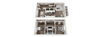 A top-down view of a small apartment with two bedrooms, a living room, and a kitchen.