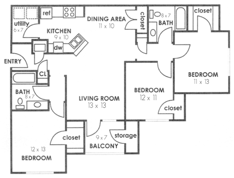 C1 1376 sq ft floor plan at Twenty35 at Timothy Woods, Athens, Georgia