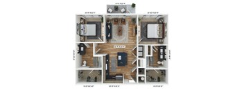 a 3d floor plan of a living room with a wood floor
