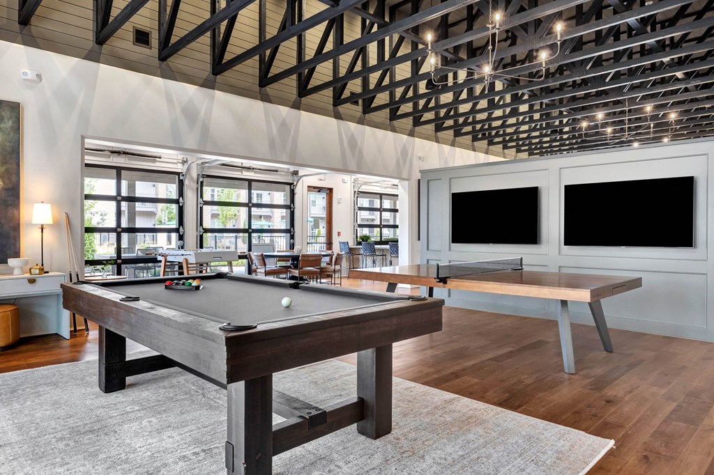 a games room with a pool table and a large screen tv