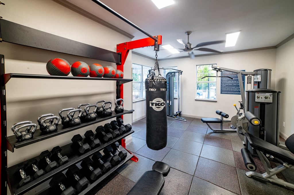 the gym is equipped with weights and a punching bag at Twenty35 at Timothy Woods, Athens, Georgia