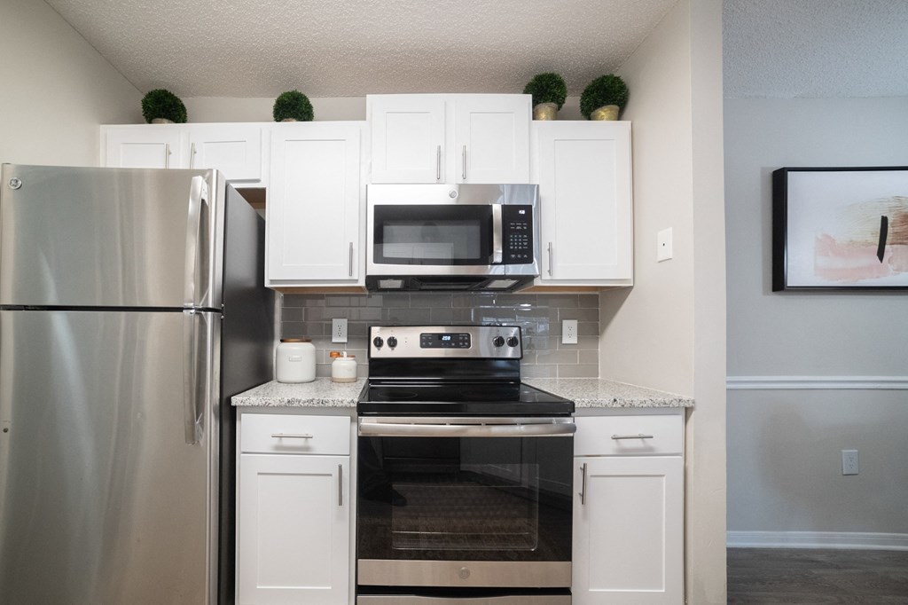 a kitchen with stainless steel appliances and white cabinetry at Twenty35 at Timothy Woods, Athens, 30606