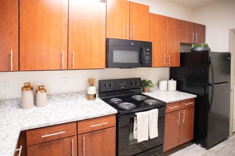 Kitchen with Black Appliances at Walden Oaks, Anderson, SC
