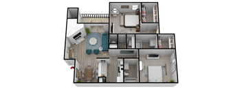 A 3D floor plan of a house with multiple rooms.