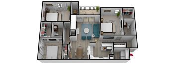 Three bedrooms floor plan and balcony at Wood Terrace Apartments, Doraville, GA