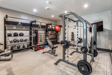 A well-equipped home gym with a variety of exercise equipment at Ansley at Town Center Apartments, Evans, GA