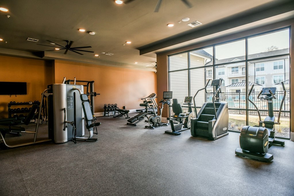 the gym has plenty of cardio equipment and a large window