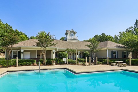 A house with a pool in front.