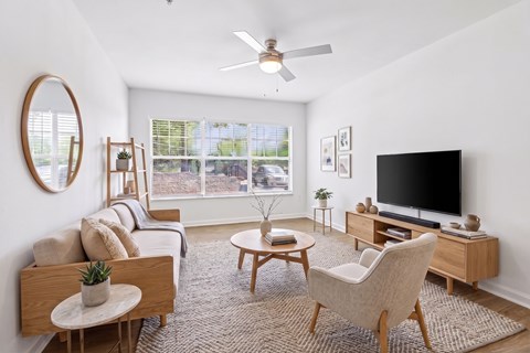 A living room with a couch, a chair, a coffee table, and a television.
