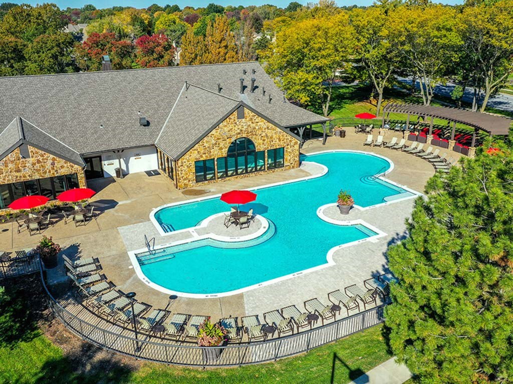 Aerial pool view at Pointe Royal, Kansas