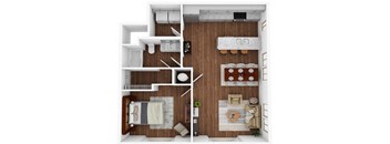 a stylized floor plan with a bedroom and a living room