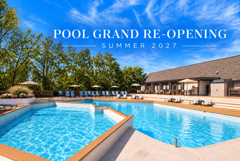 A large outdoor pool with the text "POOL GRAND RE-OPENING SUMMER 2027" overlaid on the image.