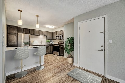 A kitchen with a white door and a plant on the floor.