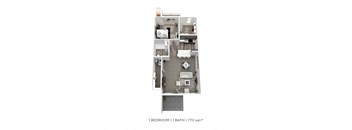 A floor plan of a 1 bedroom apartment with a bathroom.