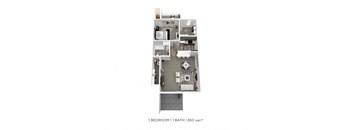 A floor plan of a 1 bedroom apartment with a bathroom.