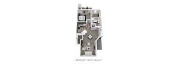 A floor plan of a one bedroom apartment with a bathroom.