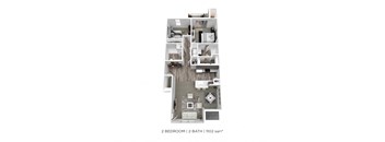A 2 bedroom, 2 bathroom apartment is 1102 square feet.