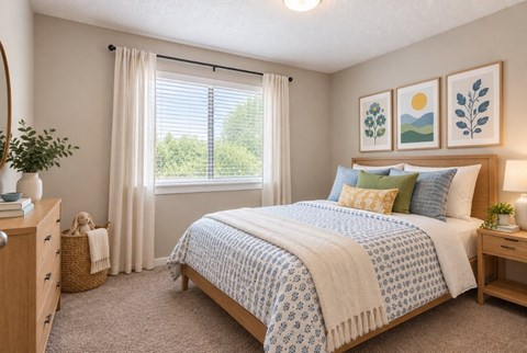 A bedroom with a large bed and a window with curtains.