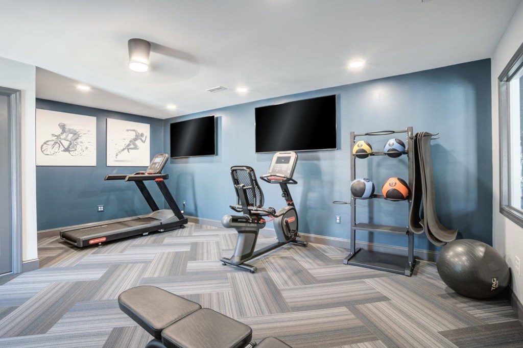 A gym room with a treadmill, exercise bike, and other equipment.