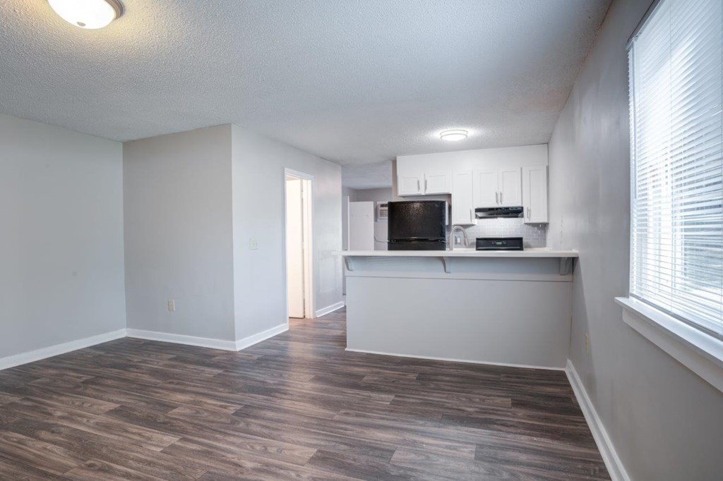 A room with a kitchenette and a television.