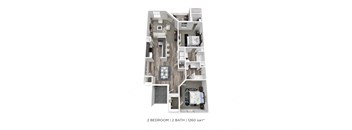 A 2 bedroom, 2 bathroom apartment is 1260 square feet.