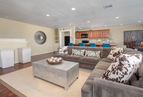 A living room with a grey couch and a coffee table.