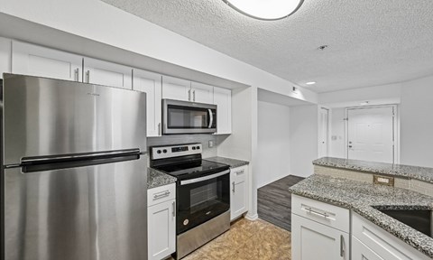 A kitchen with a stainless steel refrigerator and a microwave above the stove.