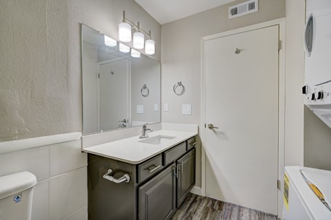 A bathroom with a white sink and a mirror above it.