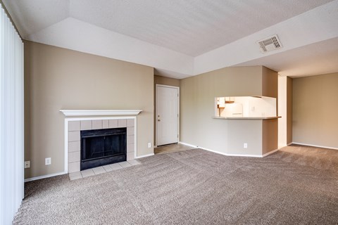 A living room with a fireplace and a carpet.
