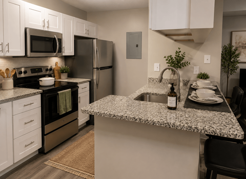 A kitchen with granite countertops and stainless steel appliances.