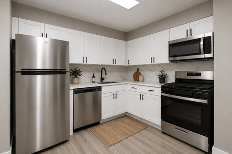 A modern kitchen with stainless steel appliances and white cabinets.