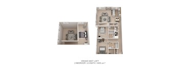 A floor plan of a 2 bedroom apartment with 2.5 bathrooms and 1405 square feet.