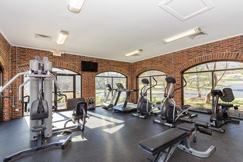 A gym with a variety of equipment including treadmills, stationary bikes, and weight machines.