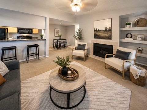 A living room with a grey couch, a coffee table, and a fireplace.