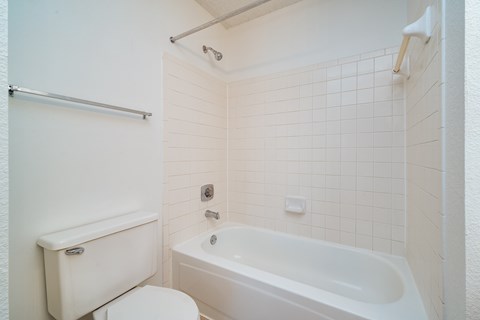 A white toilet is next to a white bathtub in a bathroom.