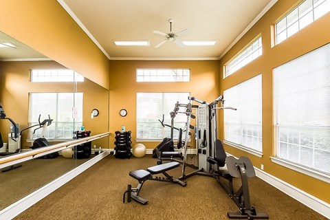 A well-equipped home gym with a bench, weights, and exercise machines.