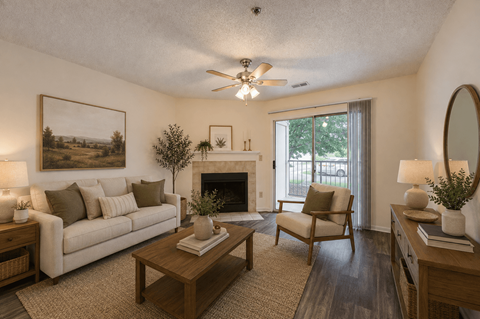 A living room with a fireplace, a couch, a chair, a coffee table, and a painting on the wall.