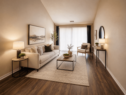 A living room with a white couch, a coffee table, and a painting on the wall.