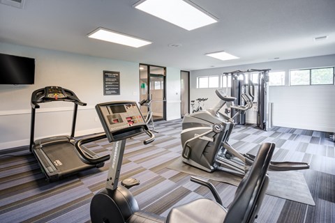 A gym with treadmills, elliptical machines, and other exercise equipment.