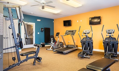 a home gym with exercise equipment and a television