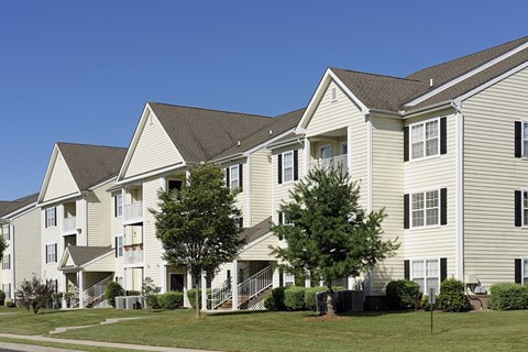 a row of white houses with trees in front of them