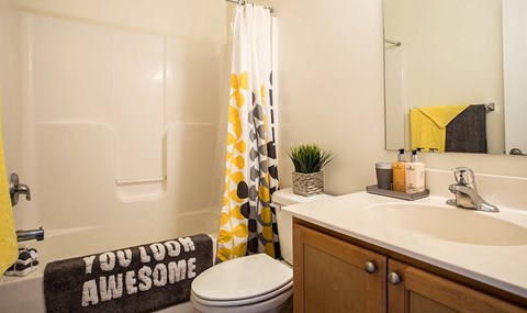 a bathroom with a shower curtain and a toilet and sink
